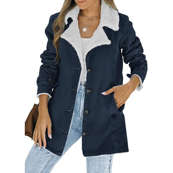 Jackets & Blazers - Women's Cotton Sherpa Lined Winter Coat Stand Collar Pockets Plus Size